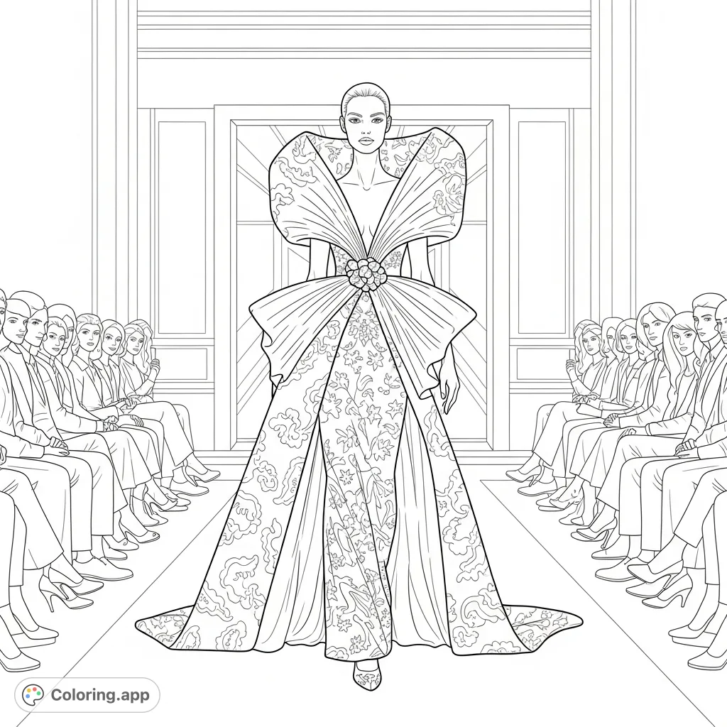 Step into the world of high fashion with this elegant runway coloring page, featuring a model in an elaborate gown and an audience.