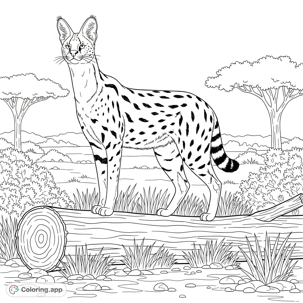 Color a graceful serval perched on a fallen log, showcasing its distinctive long neck, elegant body, and large ears amidst a natural savanna landscape.