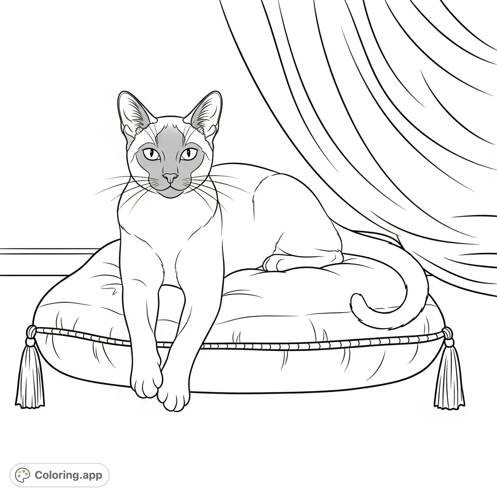 An elegant Siamese cat reclines gracefully on a plush cushion with simplified drapery. Perfect for animal lovers and relaxation.