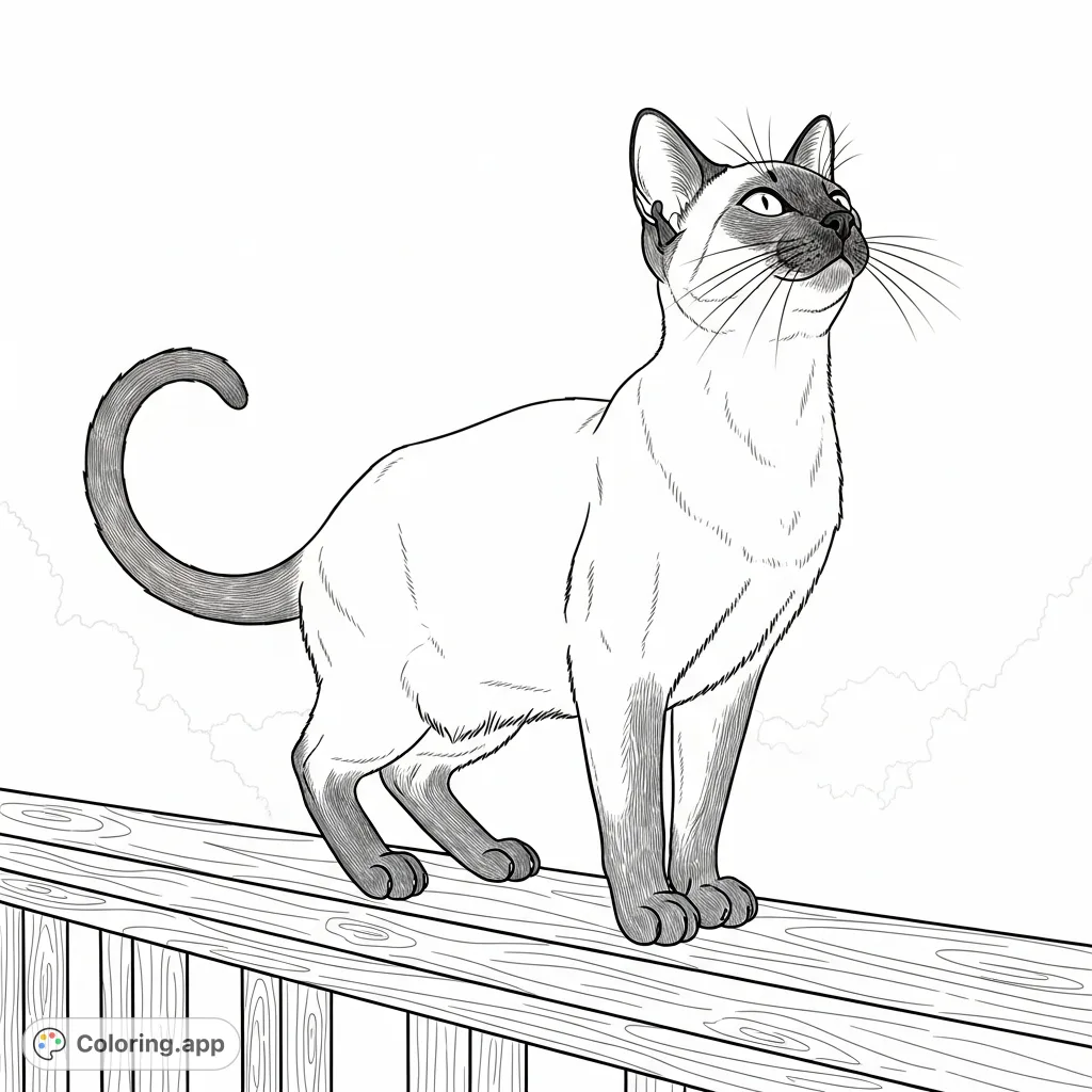 An elegant Siamese cat, with its distinctive mask and pointed ears, sits gracefully on a wooden railing against a soft, open background, inviting detailed coloring.