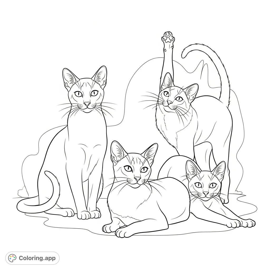 A delightful coloring page featuring three Siamese cats in various charming poses. Perfect for cat lovers seeking a relaxing and detailed creative escape.