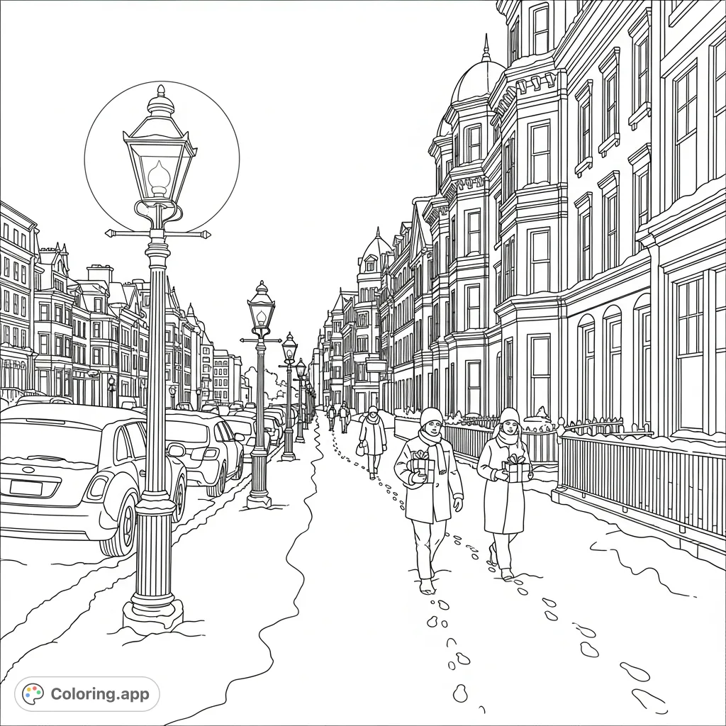 Experience the serene beauty of a Victorian street at dusk, softly lit by gas lamps and covered in fresh snow. A charming winter wonderland scene awaits.