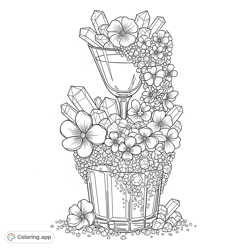 A sophisticated multi-tiered beverage presentation adorned with intricate edible flowers and delicate sugar crystals, perfect for adult colorists.