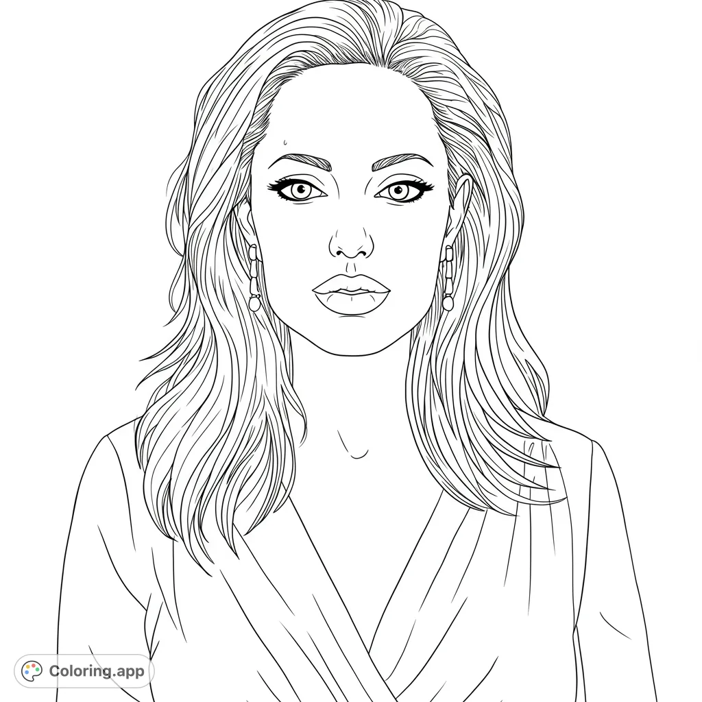 An elegant portrait of a woman with flowing wavy hair and striking features, perfect for a detailed and expressive coloring experience.