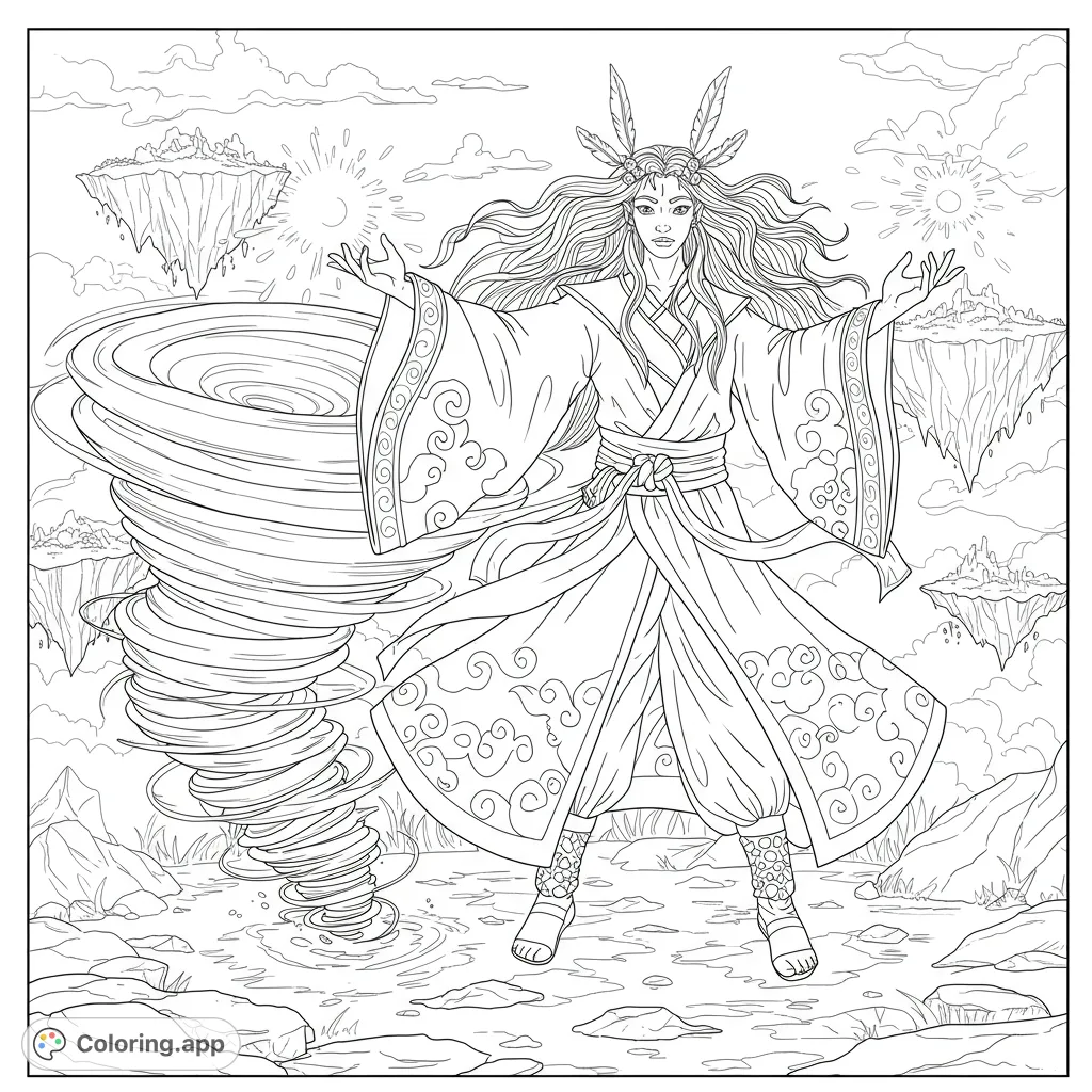 Unleash your creativity with this elemental sorceress coloring page, featuring a powerful figure conjuring a vortex amidst floating islands and mystical skies.