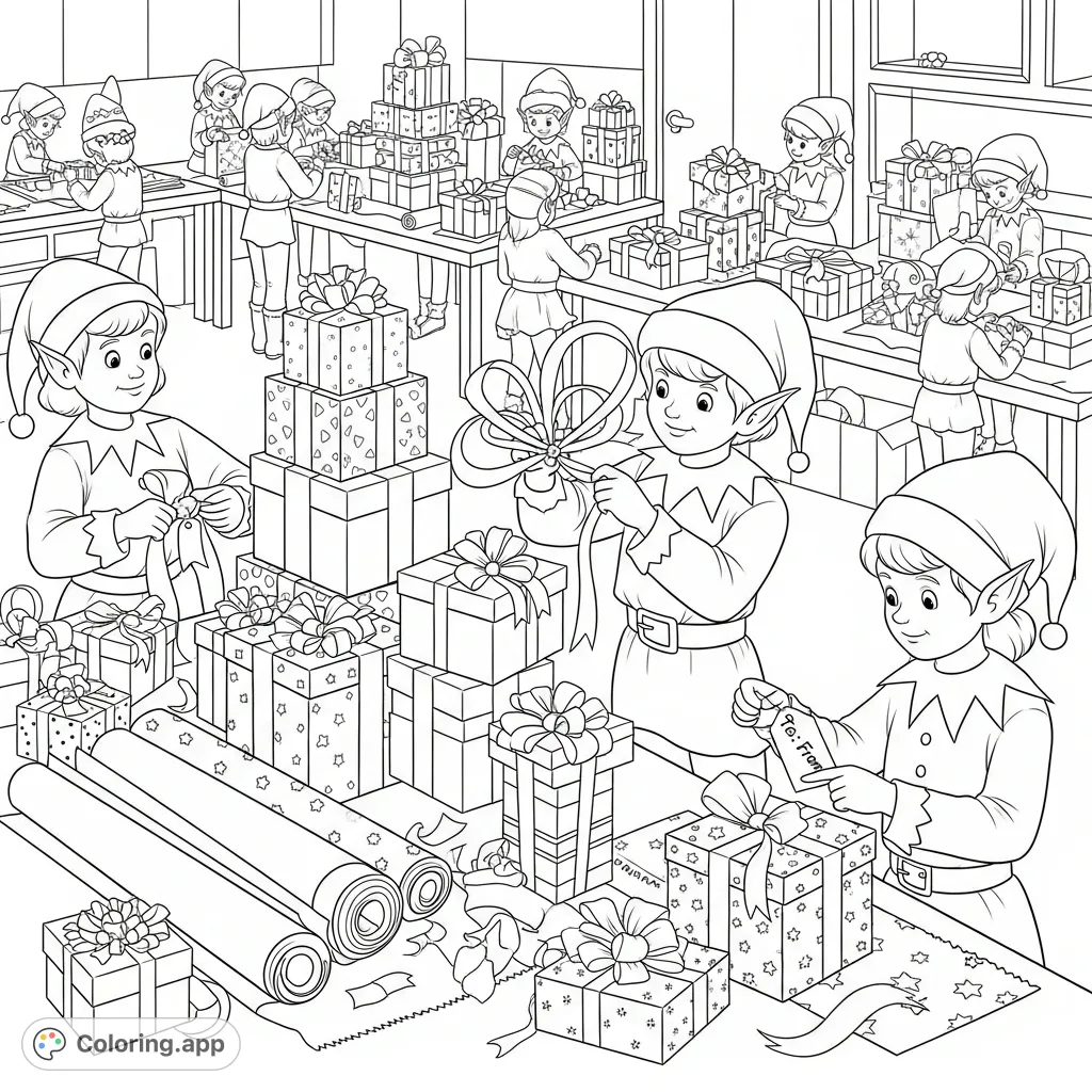 Step into a bustling elf workshop, where festive preparations are underway. Elves diligently wrap and stack presents, creating a scene of holiday cheer.
