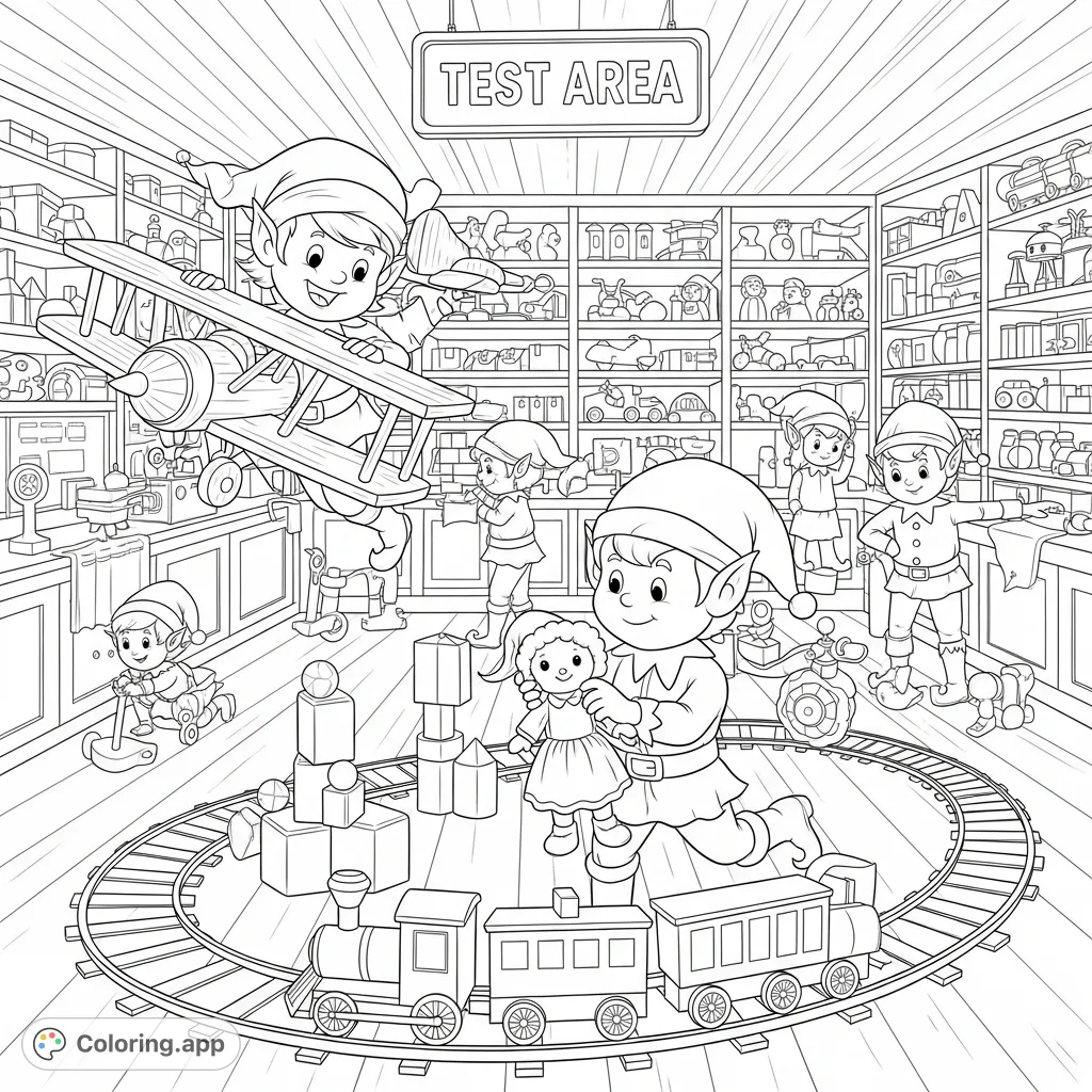 Explore a busy elf workshop where joyful elves test new toys: a train on its track, a doll for inspection, and a plane flying high. Fun for all ages!
