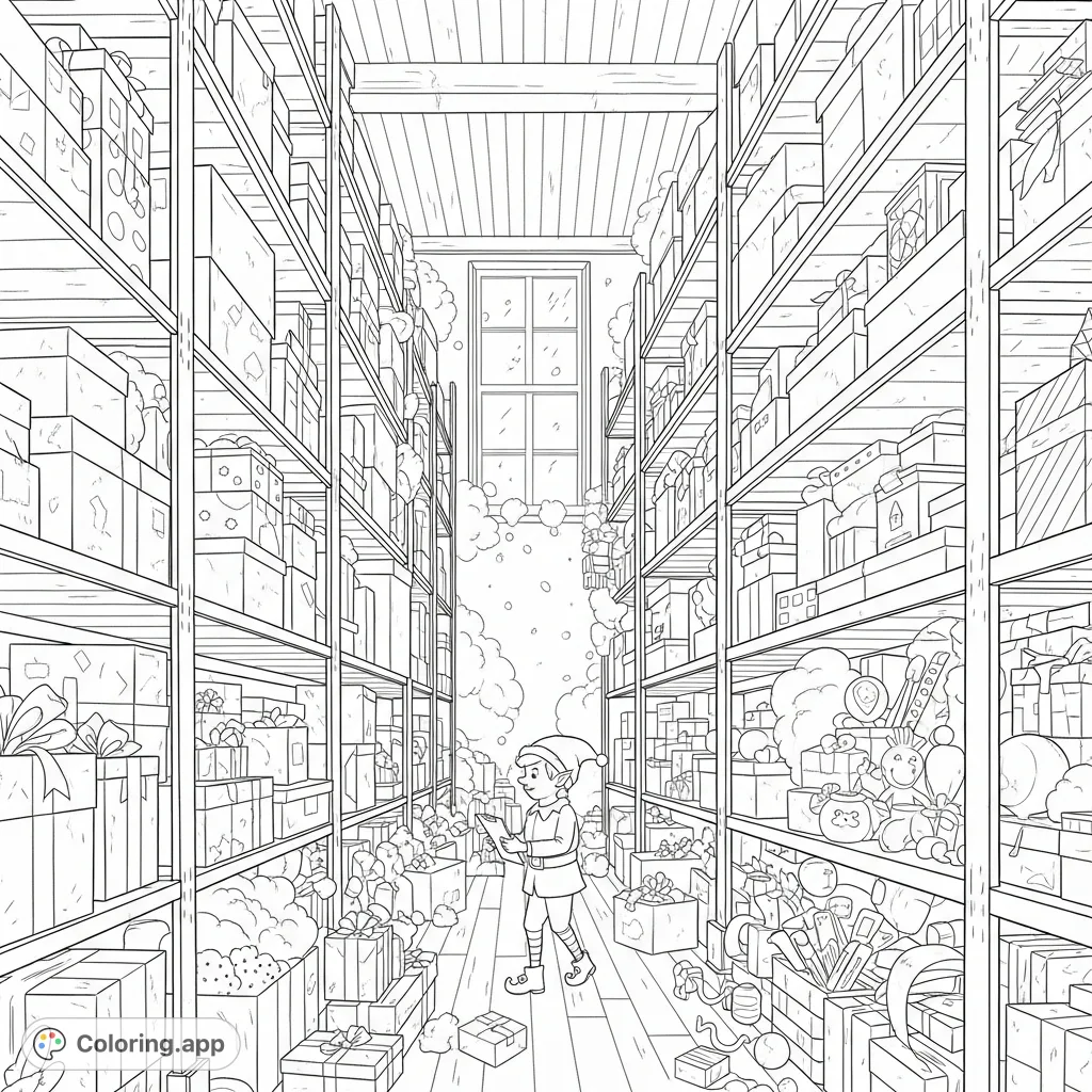 Explore an elf's vast, overflowing workshop storage room filled with gifts, raw materials, and toys. A diligent elf navigates towering shelves. A detailed holiday scene.