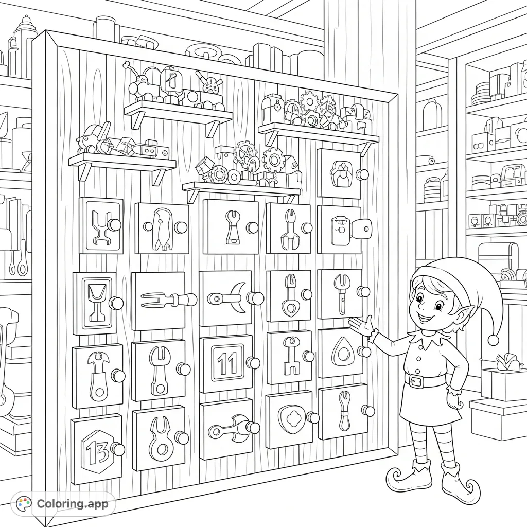 Explore a bustling toy workshop featuring a magnificent advent calendar with unique doors, surrounded by tiny toys and gears, and a cheerful elf.