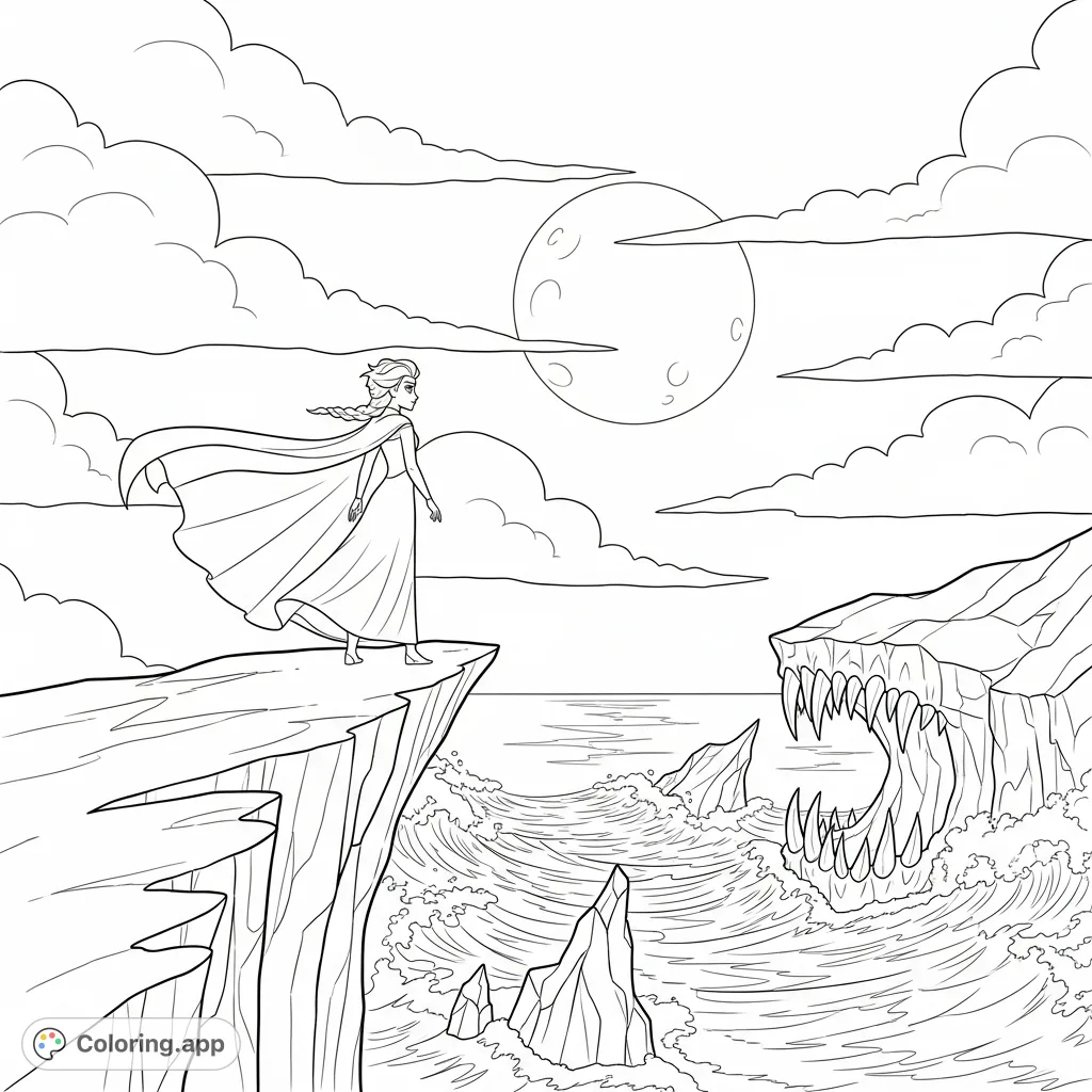 Color Elsa on a dramatic cliff overlooking a moonlit sea with jagged ice formations and a billowing cape. A captivating scene for fans of fantasy.