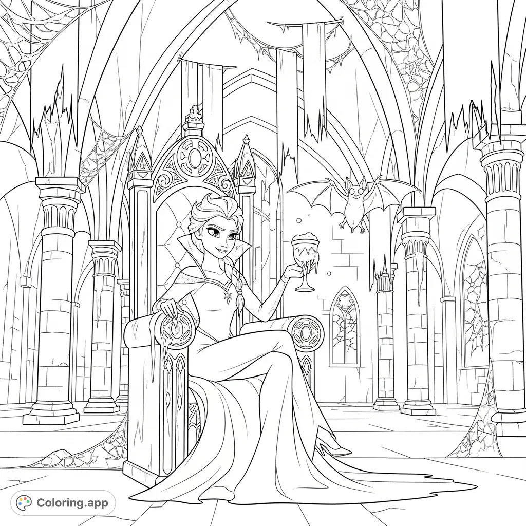 A dramatic Elsa vampire queen coloring page, featuring her on a gothic throne in a decaying castle, with cobwebs, tattered banners, and a bat.