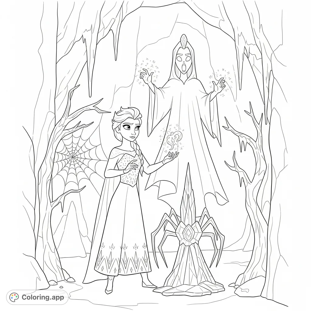 Join Elsa as she conjures intricate ice sculptures of Halloween figures in a shimmering cavern. A frosty ghost and delicate spiderweb await your creative touch.