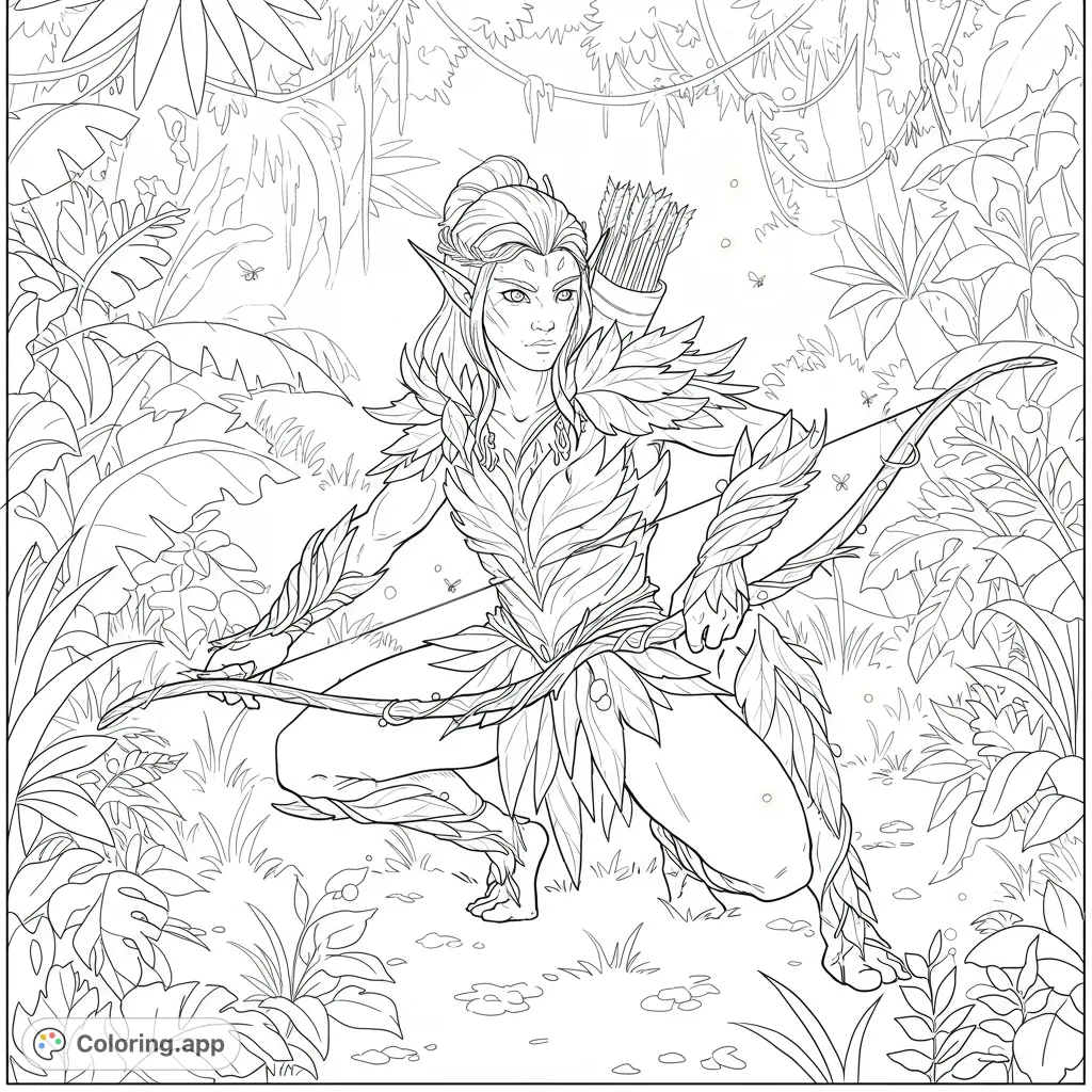 A detailed elf archer in a lush jungle, poised with her bow. A free printable fantasy coloring page for all ages, perfect for nature and adventure lovers.