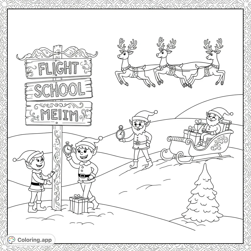 Whimsical Christmas scene with elves training reindeer for Santa's sleigh. A fun, free printable holiday coloring page for kids and adults.
