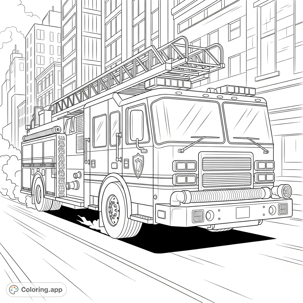 A dynamic coloring page showcasing a large fire truck rushing through a city during an emergency. Features intricate details on the truck and a detailed urban background.