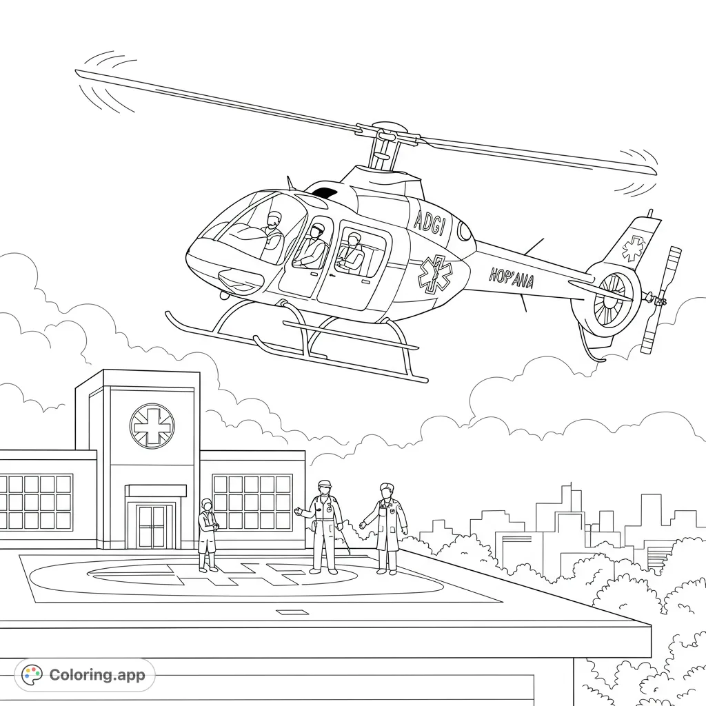 Dynamic emergency helicopter landing on a hospital helipad, with medical staff awaiting. A detailed free printable emergency vehicle coloring page.