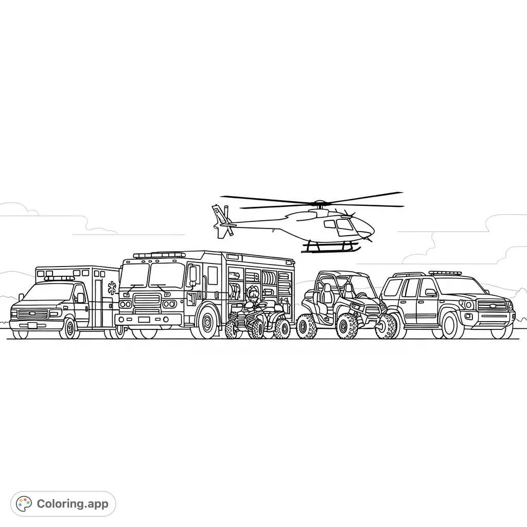 A dynamic coloring page showcasing a lineup of essential rescue vehicles: ambulance, rescue truck, ATV, SUV, and a helicopter silhouette.