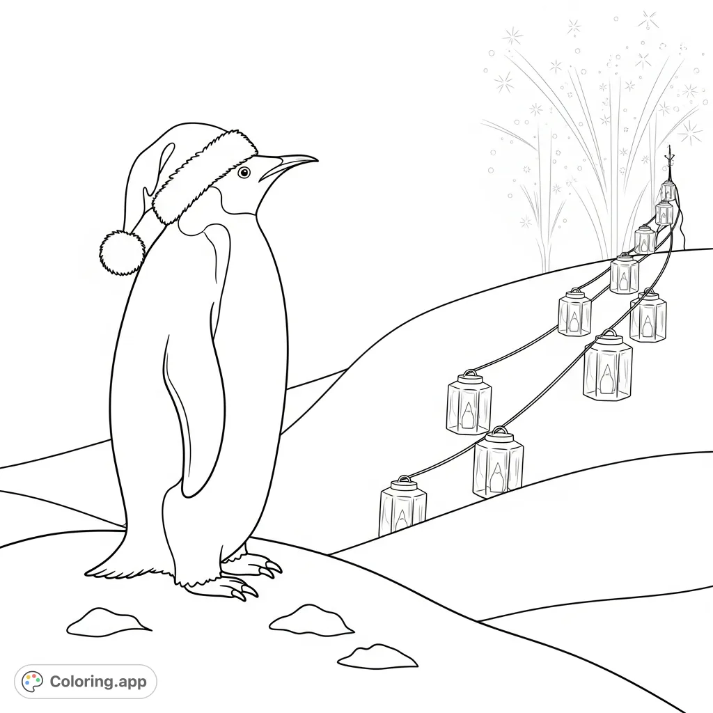 An emperor penguin in a Santa hat surveys a snowy landscape under shimmering aurora. Festive ice lanterns spiral behind it. A charming winter scene for all ages.