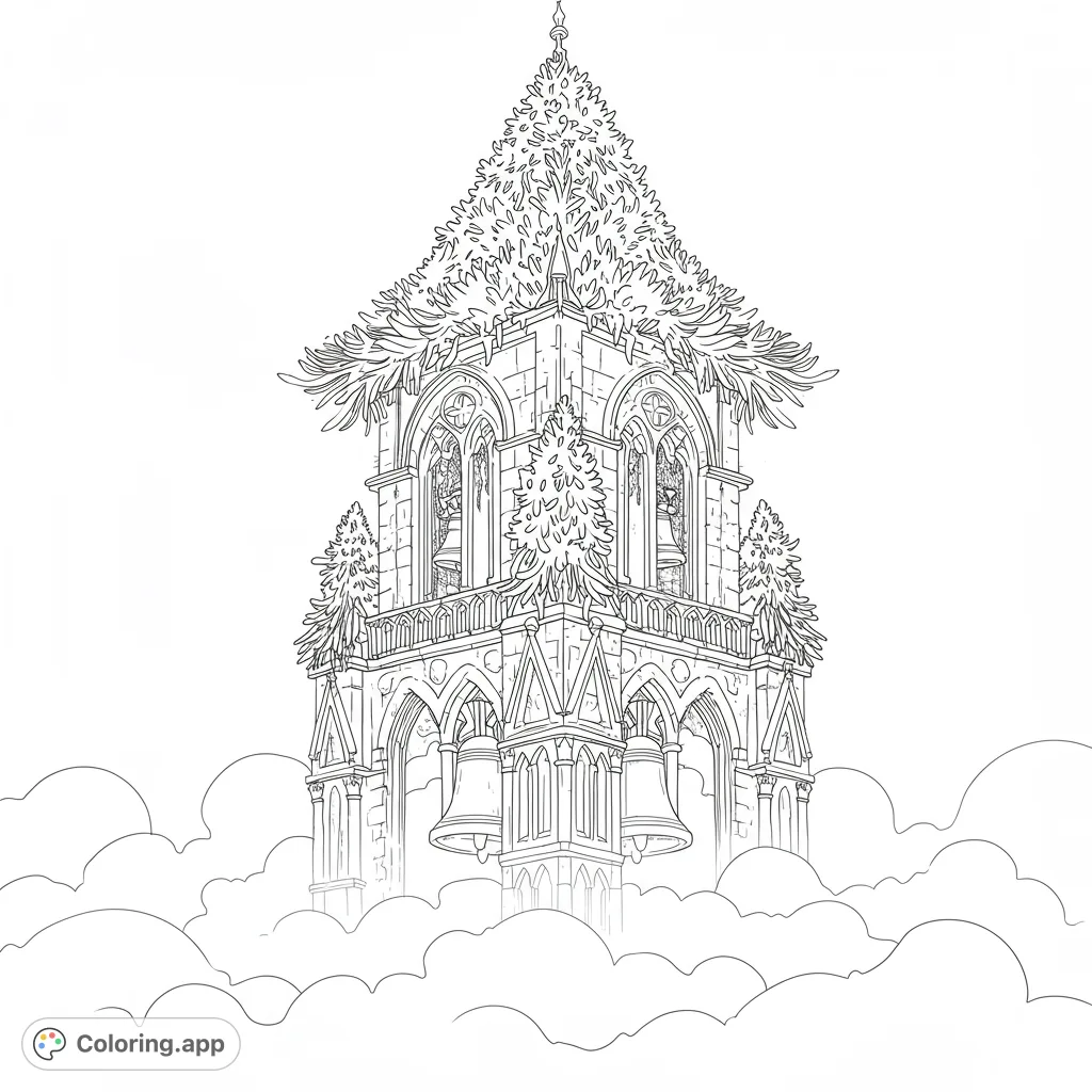 An ornate, fantastical bell tower adorned with evergreen foliage, rising majestically from a bed of clouds. A magical architectural wonder for coloring.