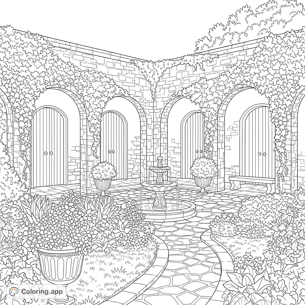 Discover tranquility in this enchanting courtyard garden coloring page. Features elegant arches, lush ivy, and intricate flora for a detailed experience.