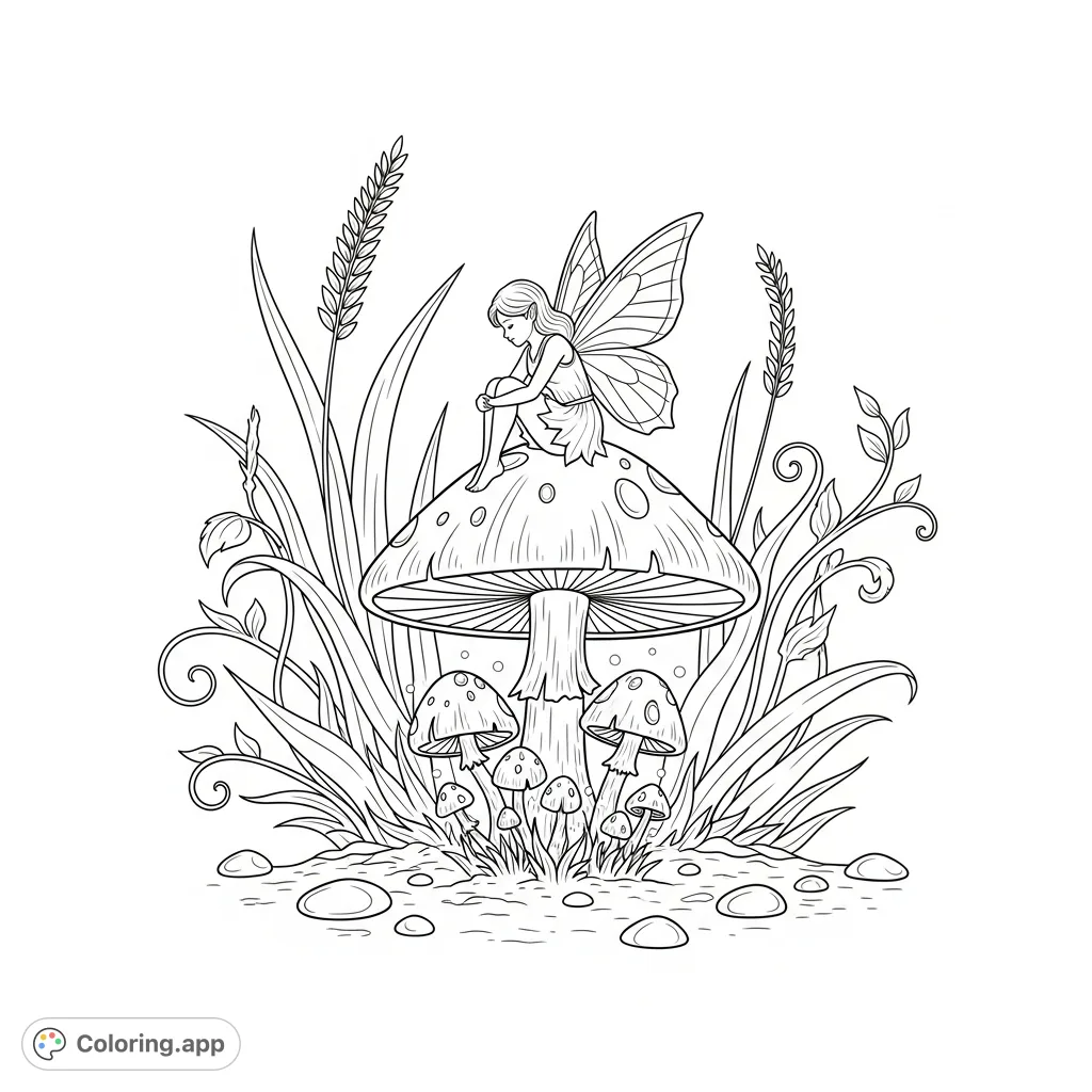 A whimsical coloring page featuring a delicate fairy perched on a large mushroom, surrounded by smaller, glowing fungi and enchanted forest flora.