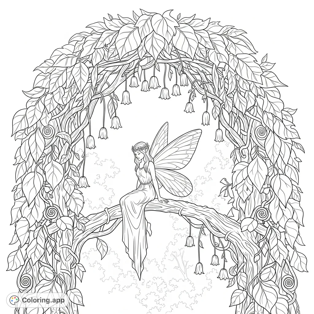 A graceful fairy with intricate wings perched on a vine-covered archway, surrounded by lush forest details, inviting a magical coloring experience.