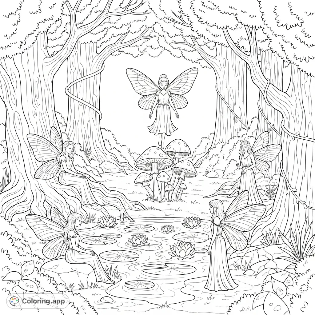 An enchanting scene depicting a group of delicate fairies with intricate wings and flowing garments, gathered in a mystical forest clearing adorned with luminous flora.