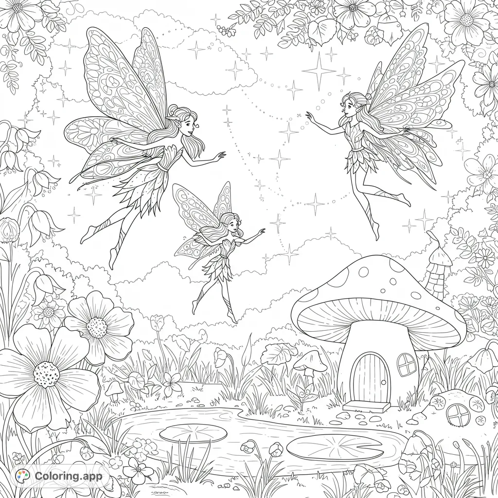 Discover a magical fairy garden coloring page featuring three graceful fairies, a charming mushroom house, and a serene pond, perfect for whimsical creativity.