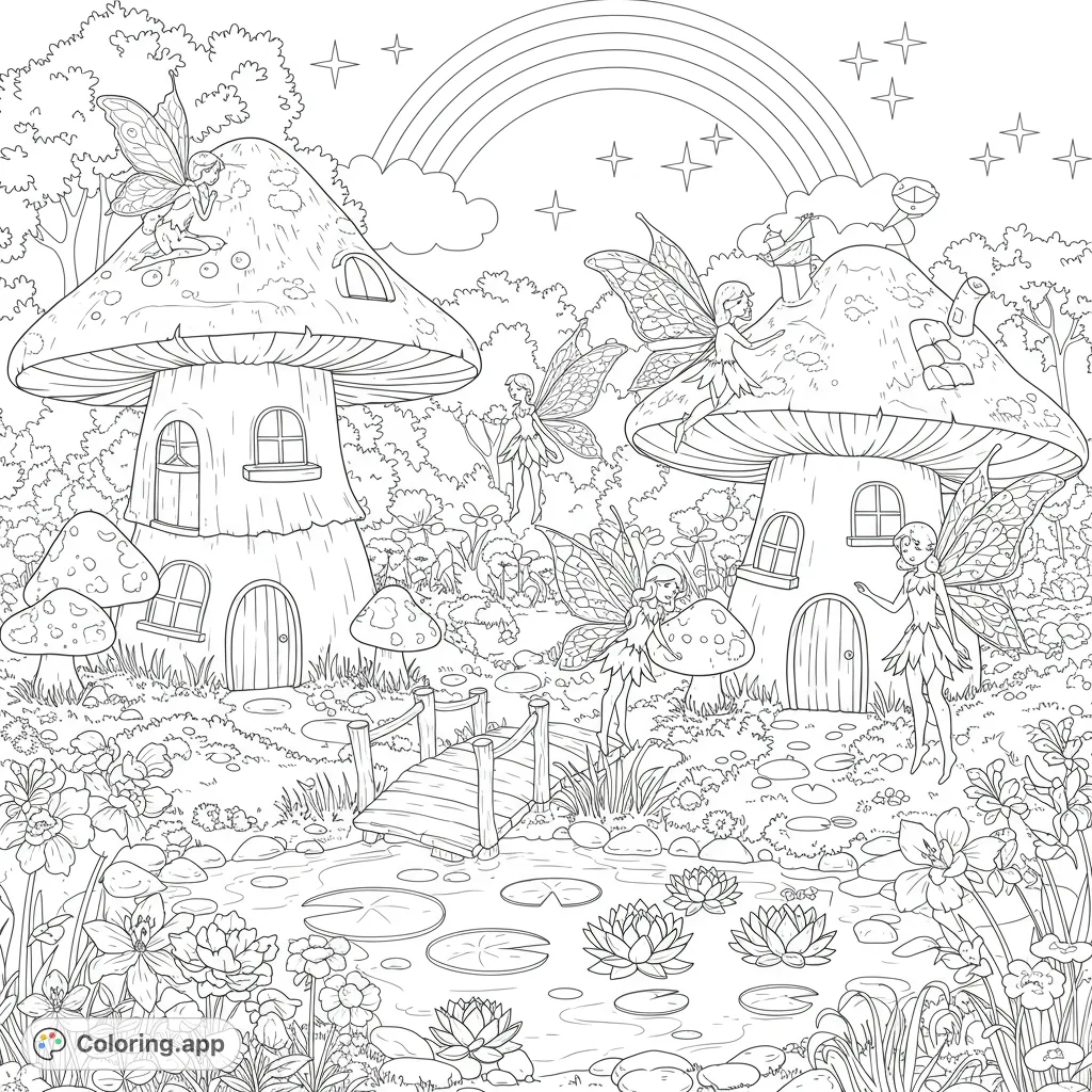 Enter a magical fairy garden with mushroom houses, delicate fairies, a pond with lily pads, and a rainbow. A free printable fairy coloring page for all ages.