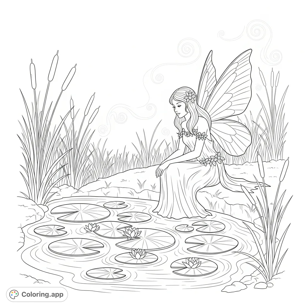 A serene fairy rests by a mystical pond adorned with lily pads and delicate blossoms. Surrounded by reeds, her unfurled wings suggest a moment of tranquil magic.