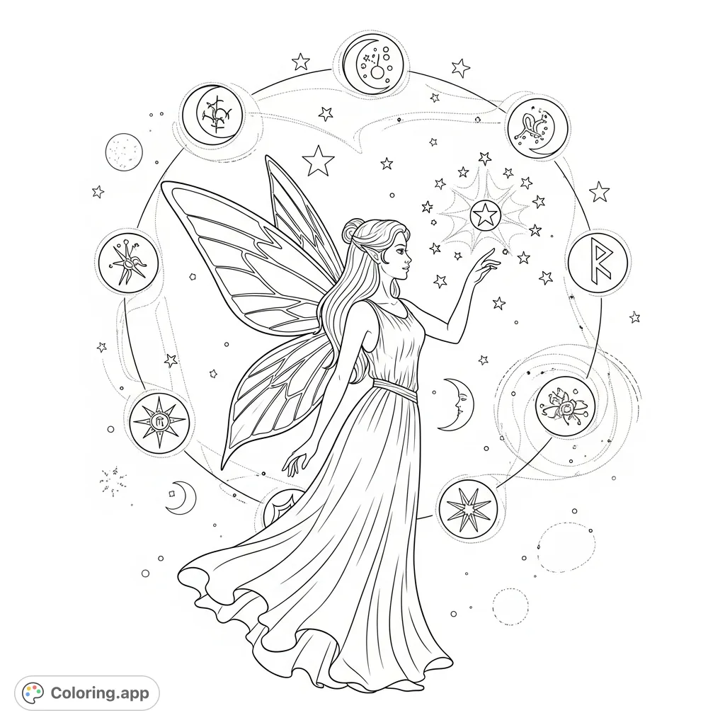 A graceful fairy with delicate wings surrounded by swirling stars, moons, and ancient runes. Explore a world of fantasy and magic.