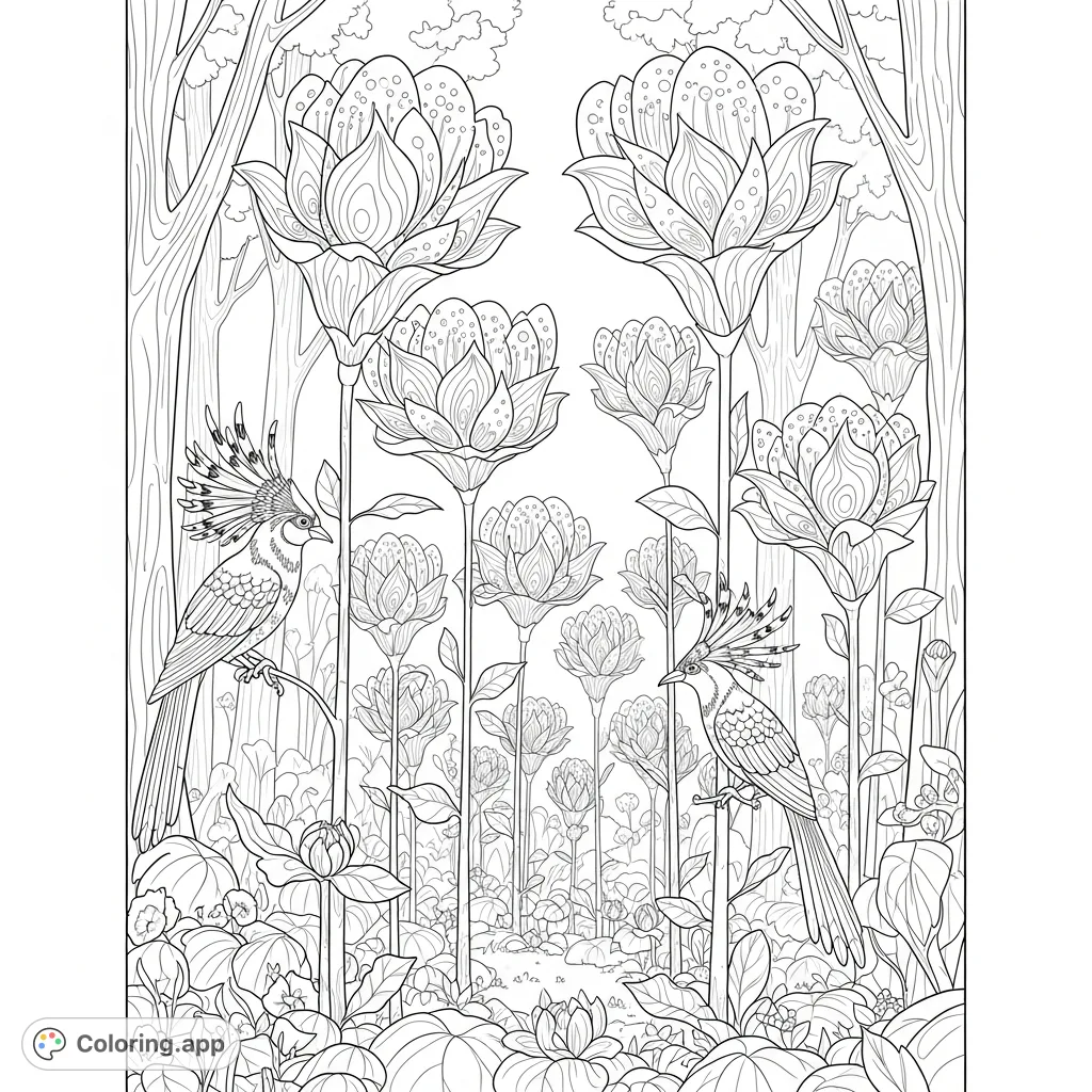 Explore a magical forest with towering flowers boasting intricate patterns and exotic crested birds. A captivating scene for detailed coloring.