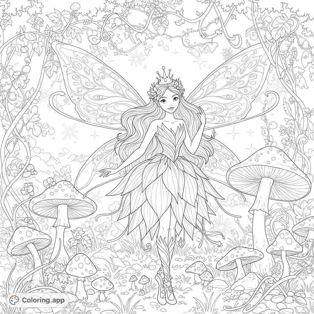 A beautiful fairy with intricate wings and a leaf dress stands in a whimsical mushroom forest, perfect for magical coloring.