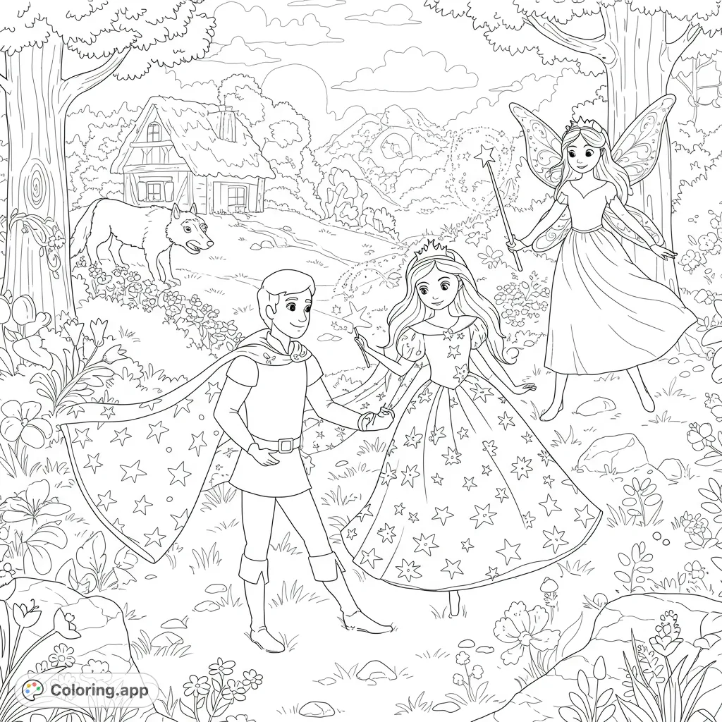 Step into a magical forest with a prince, princess, and fairy. A charming fairy tale coloring page for kids and adults.