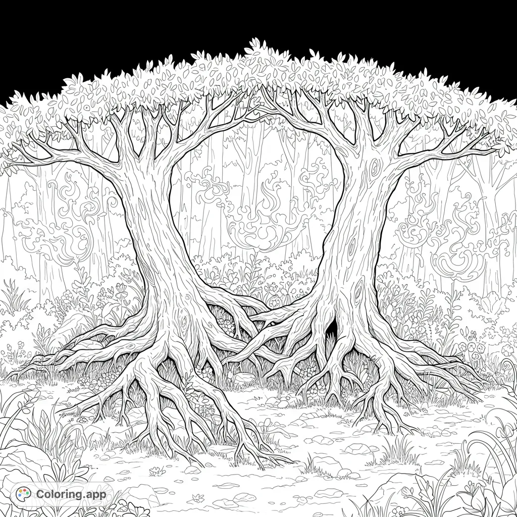 Discover an enchanted forest heart trees coloring page. Two majestic trees form a heart, surrounded by intricate roots and lush foliage. A free printable coloring page for nature lovers.