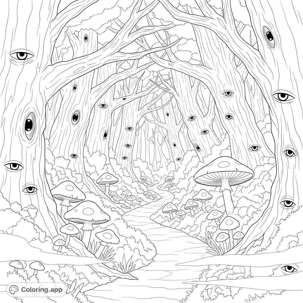 Explore a mystical enchanted forest coloring page with ancient, twisted trees, luminescent mushrooms, and mysterious eyes peering from the shadows. A captivating fantasy scene.