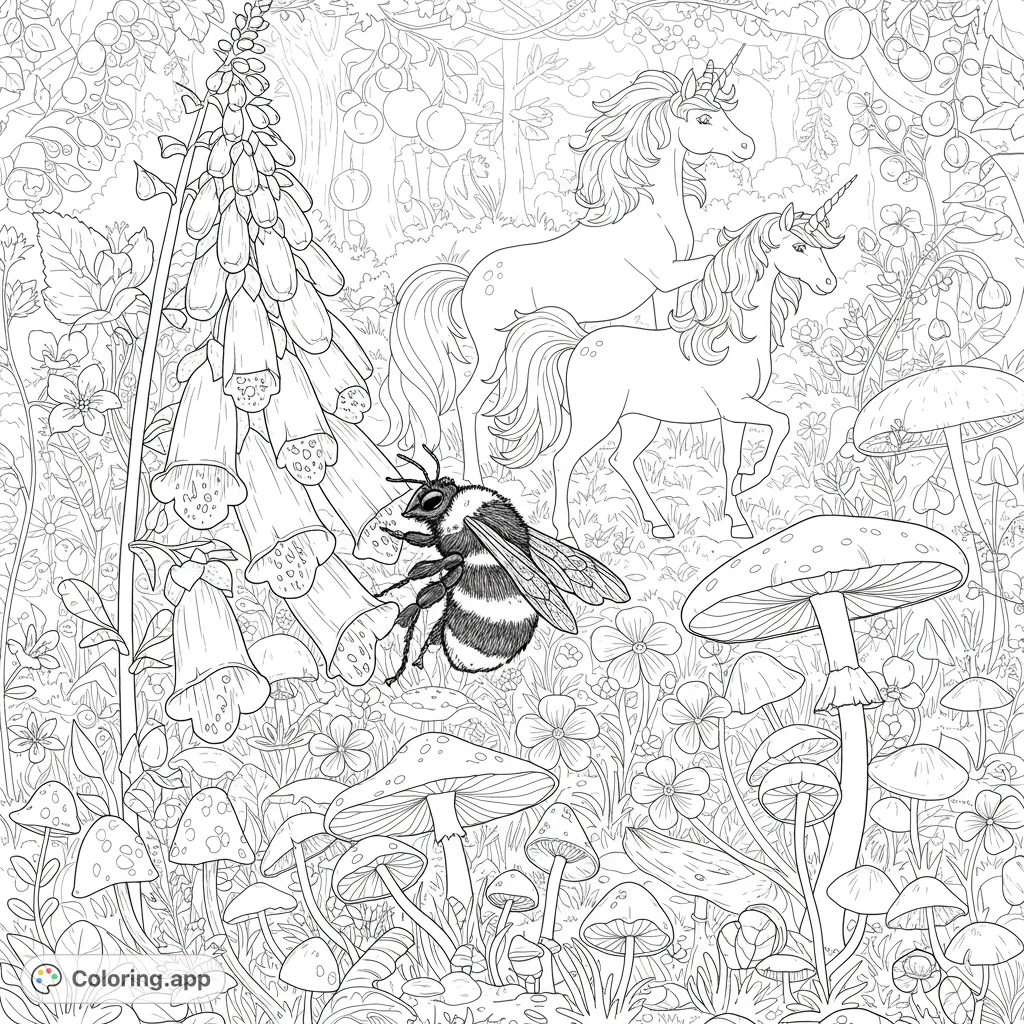 Discover a magical forest with graceful unicorns, a busy bumblebee, and whimsical mushrooms. A detailed fantasy scene for creative coloring.