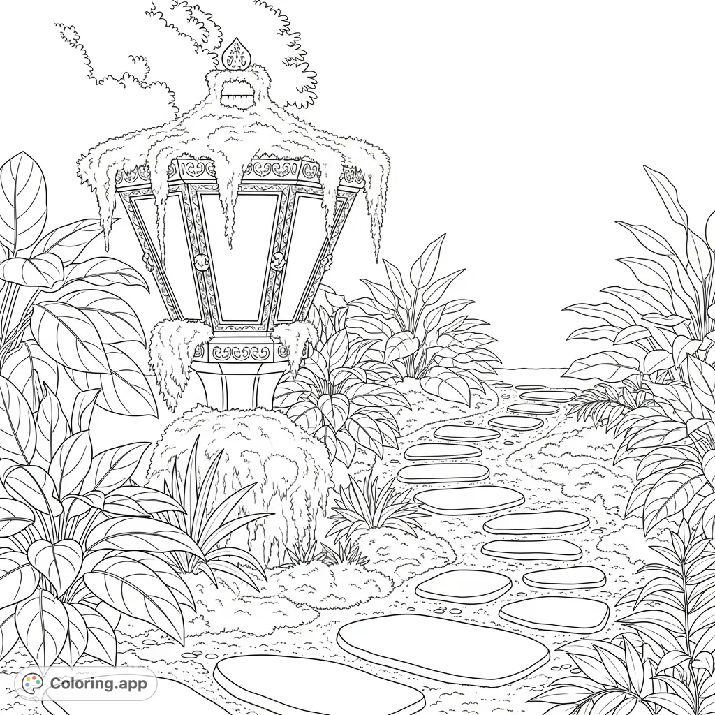 Color a charming garden scene featuring a moss-covered lantern and a winding stone path. Discover intricate details in the lush foliage and serene atmosphere.