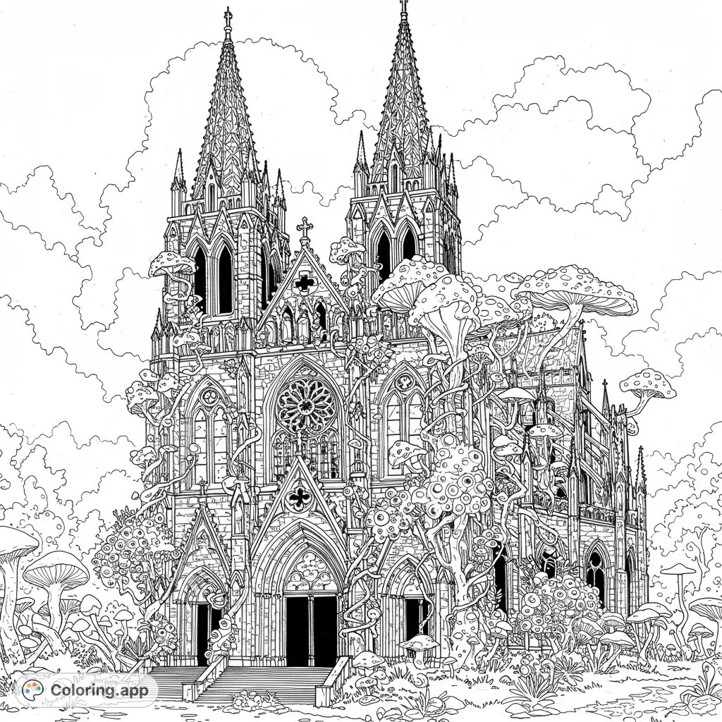 Color a whimsical Gothic cathedral overgrown with magical mushrooms and winding vines under a cloudy sky. A detailed fantasy coloring page.