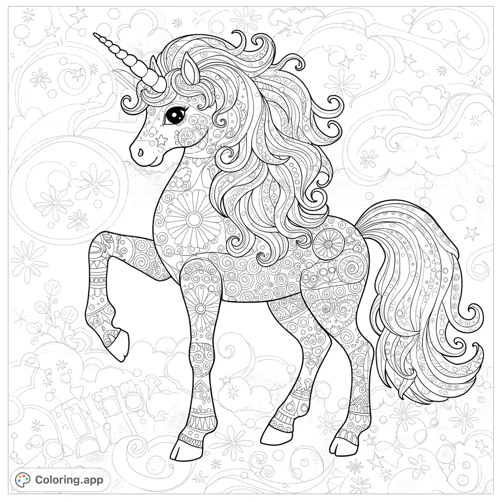 A majestic unicorn adorned with intricate mandala patterns and flowing, detailed mane and tail, set against a whimsical background of stars and swirls. Perfect for detailed coloring.