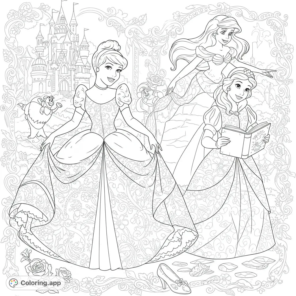 Three beloved princesses, a grand castle, and enchanting floral details await your colors in this magical scene, perfect for fairytale fans.