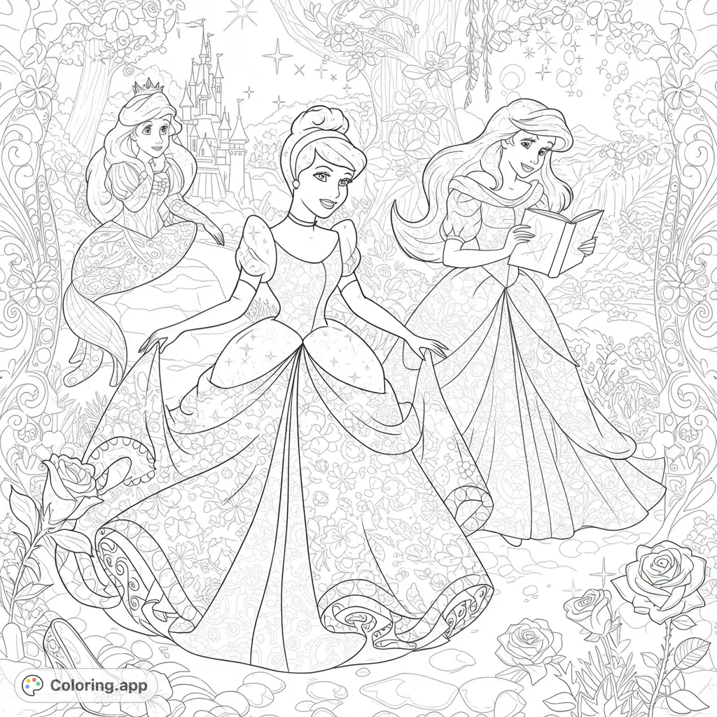 Three beloved princesses, Cinderella, Ariel, and Belle, in an enchanted forest with a castle, perfect for a magical coloring adventure.