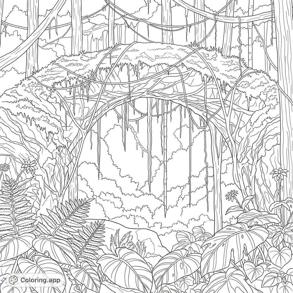 Explore a lush rainforest with a majestic rock arch adorned with tangled vines and soft moss. A captivating scene for nature lovers.