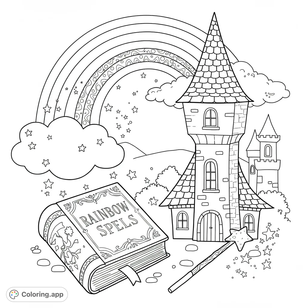 Whimsical fantasy scene with a magical spellbook, wizard's tower, and a vibrant rainbow arching over a starry landscape. Free printable fun!