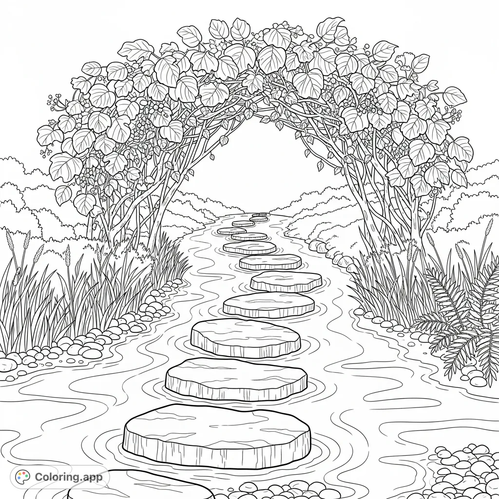 Discover a serene forest scene with a stepping-stone path gracefully crossing a gentle stream, all nestled under a beautiful, dense arch of leaves.