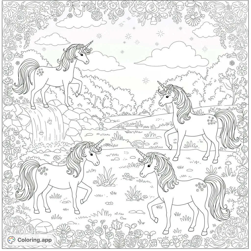A magical unicorn meadow coloring page featuring four majestic unicorns amidst a whimsical landscape with a waterfall and intricate floral border.