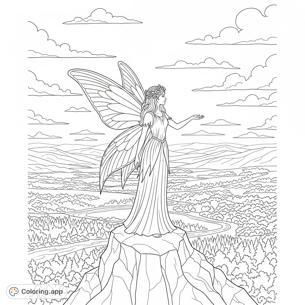 A graceful fairy stands on a majestic rock, gazing over a sprawling valley filled with winding rivers and lush trees under a sky of wispy clouds.