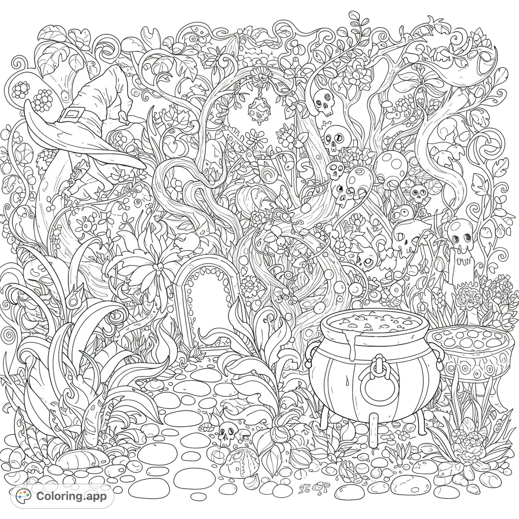 Explore a magical witch's garden with a bubbling cauldron, hidden skulls, and intricate foliage. A whimsical, detailed free printable coloring page for all ages.
