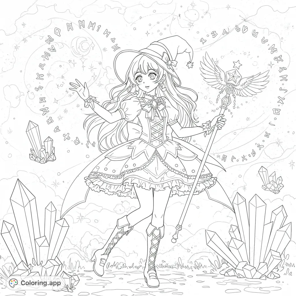 An enchanting anime witch with flowing hair, a magical staff, and sparkling crystals. A mystical scene perfect for fantasy and magic lovers.