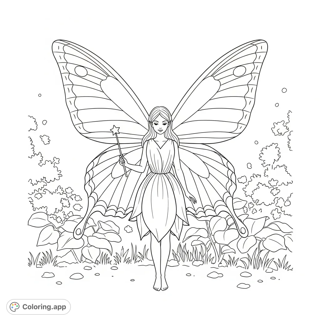 A graceful fairy with intricate butterfly wings holds a delicate wand amidst a serene, magical garden scene, offering a whimsical coloring experience.